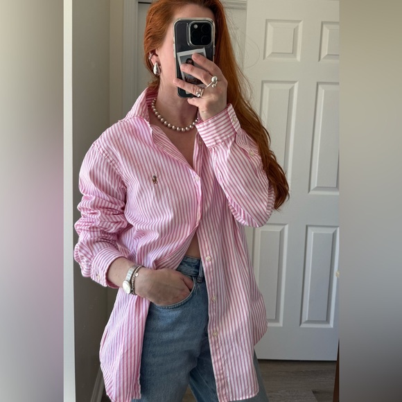Ralph Lauren Oversized pink striped Button down boyfriend shirt men’s size L - Picture 9 of 9